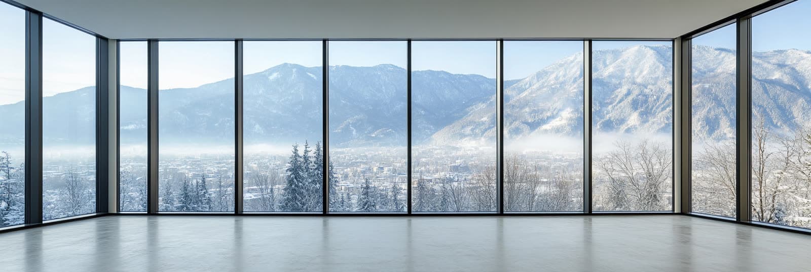 Grandes baies vitrées à cadre noir toute hauteur, vue panoramique sur des montagnes enneigées et un village en hiver