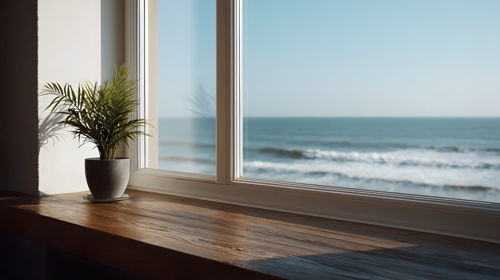 Fenêtre à cadre blanc et tablette en bois, vue dégagée sur la mer