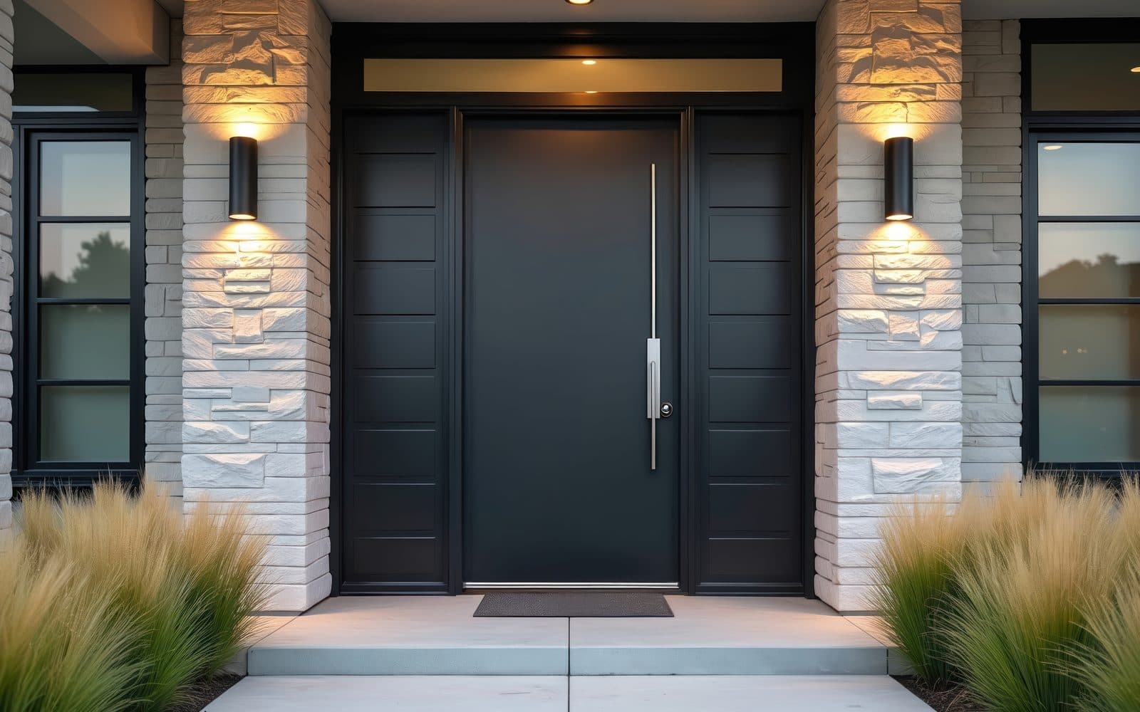 Porte d'entrée anthracite à barre de tirage inox, fixes latéraux, entrée en pierre éclairée